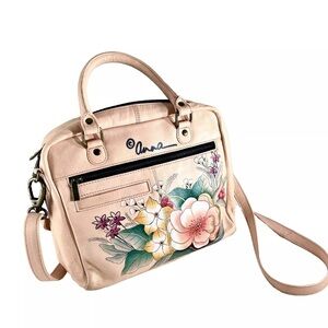 Anna Anuschka Handpainted Floral & Bird Leather Handbag - Pink Satchel